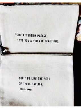 Natural Canvas (2) Inspirational Coco Chanel Quote Zip Travel Pouches NWT